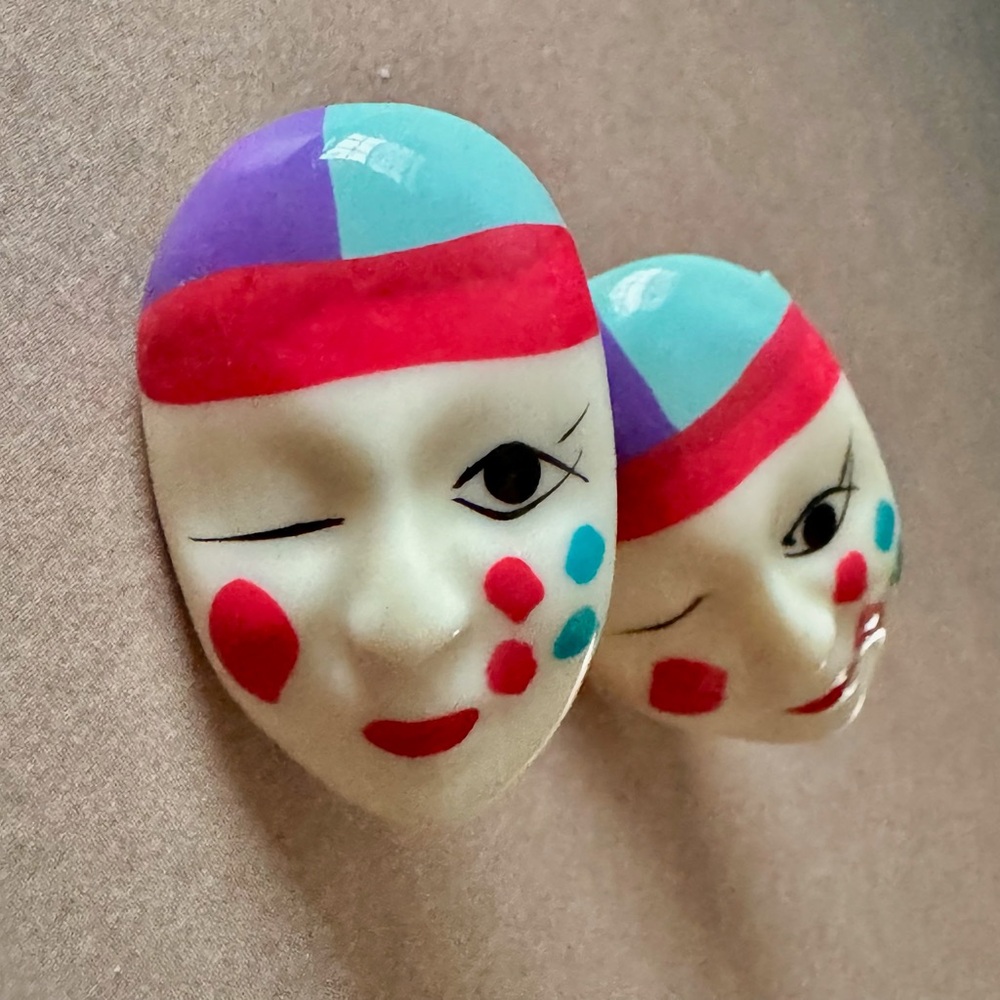 Vintage 80s Harlequin Face Earrings | Pierrot Winking Mask Studs | Bold Retro